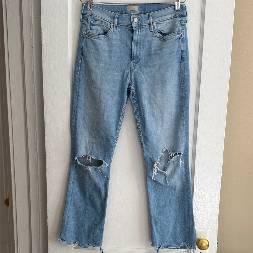 MOTHER Light Blue Distressed Flare Jeans